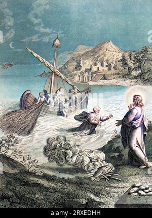 Jesus And The Miraculous Catch Of Fish Colored Illustration For The