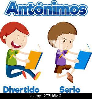 Vector Cartoon Illustration Of Antonyms In Spanish Language Stock