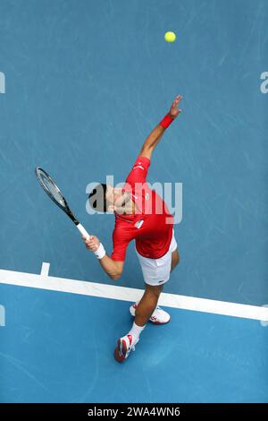 Novak Djokovic Of Serbia Serves To Jiri Lehecka Of The Czech Republic