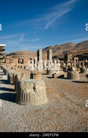 Pieces Of Fallen Ancient Columns In Persepolis Ceremonial Capital Of