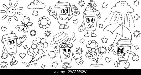 Groovy Coffee Cup Characters Set Isolated On White Contemporary Vector