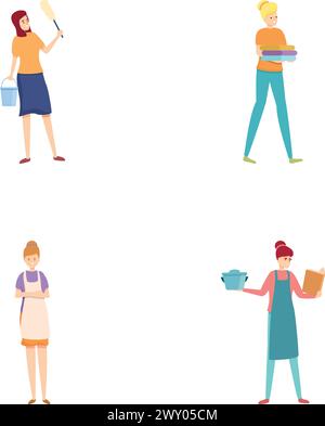 Modern Housewife Icons Set Cartoon Vector Housewife Cleaning And