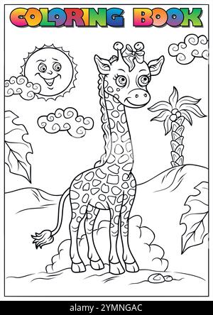 Giraffe With Tree Vector Illustration In Flat Cartoon Style Stock