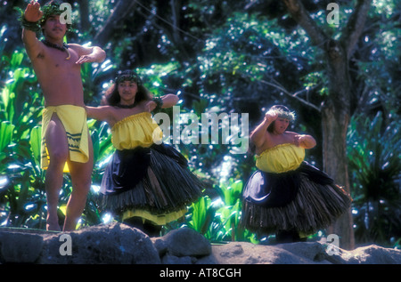 Male And Female Hula Dancers In Ti Leaf Haku Lei In A Dancing Pose