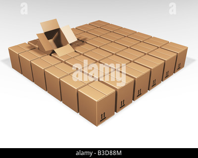 One Open Brown Box Amongst Lots Of Close Ones Stock Photo Alamy