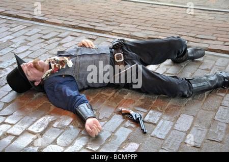 cowboy dead shot staged pretending stockyards being fort alamy usa worth texas