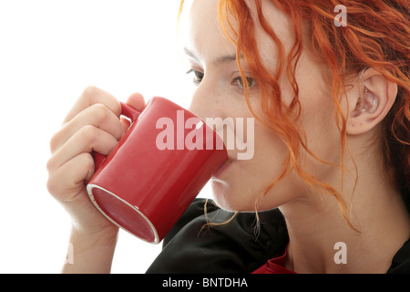 Beautiful Deaf Woman Drinking Coffee Isolated On White Stock Photo Alamy