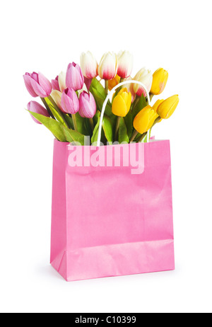 Tulips In Shopping Bag Isolated On White Stock Photo Alamy