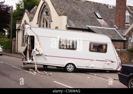 Damaged Caravan After Accident With Hgv Detached From Towcar After