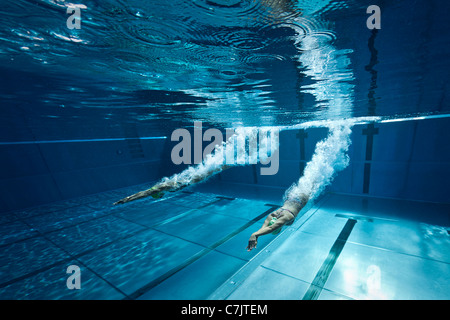 Olympic Swimming Pool Underwater female swimmers diving into swimming pool for competitive race Olympic Swimming Pool Underwater female swimmers diving into swimming pool for competitive race
