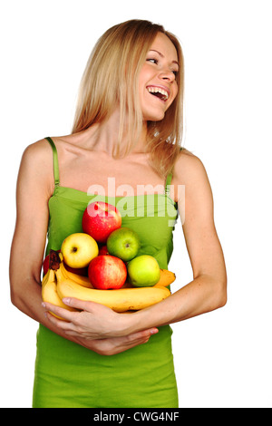 Woman Holds A Pile Of Fruit On A White Background Stock Photo Alamy