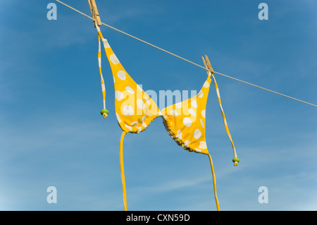 An Itsy Bitsy Teeny Weeny Yellow Polka Dot Bikini Hanging On A