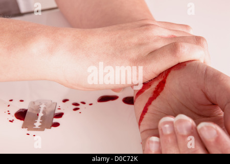 suicide hand wrist attempt cutting blade razor alamy bloody similar