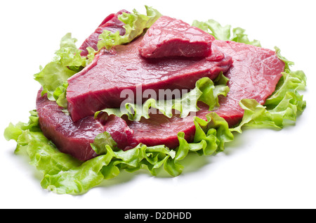 Raw Meat On Lettuce Leaves Isolated On White Stock Photo Alamy