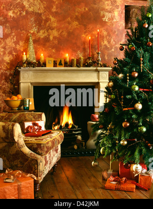 Armchair Beside Fireplace With Lighted Fire In Country Living Room