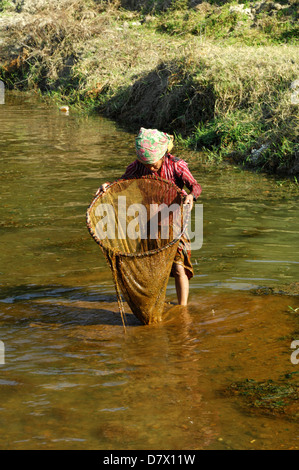 Nepalese Women Fishing With Traditional Nets Near Phokara Nepal Stock