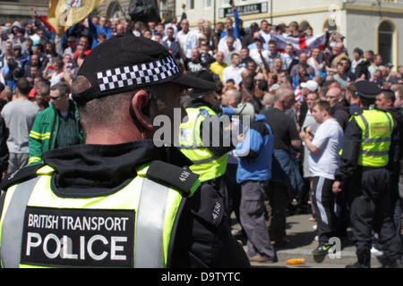 transport police british alamy btp cardiff patrol officer central edl demonstration defence league english station