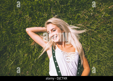 Gorgeous Smiling Blonde Lying On Bed Posing Stock Photo Alamy