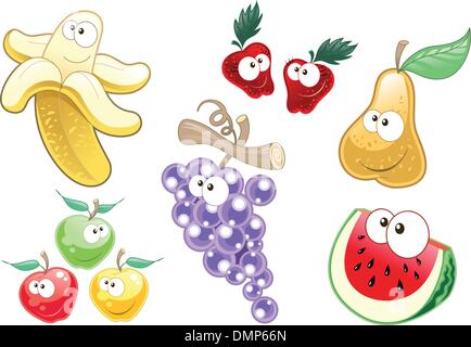 Cute Fruit And Berry Cartoon Characters Vector Illustrations Set Stock