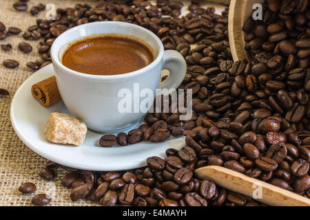 Espresso In A Cup On Burlap Surface Stock Photo Alamy