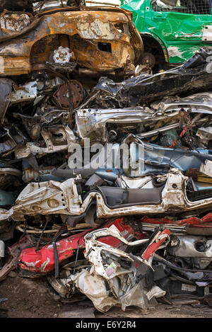 Crushed Cars In Scrap Yard Uk Stock Photo Alamy