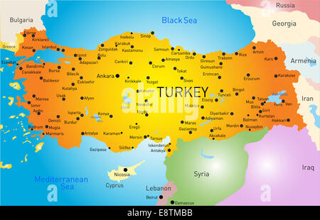 Turkey political map with capital Ankara, national borders and Stock