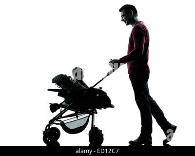 man father parents with baby carriage in silhouettes on white background stock photo