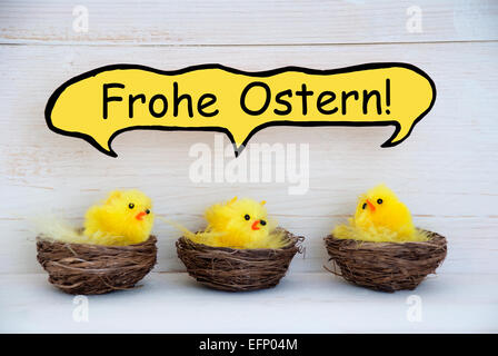 Three Sitting Easter Chicks In Easter Baskets Or Nest With Yellow