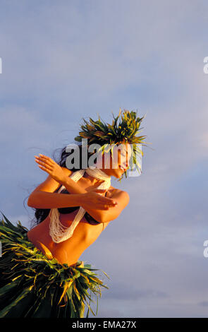 Woman Hula With Shell Lei Coconut Top Ti Leaf Haku Arms Outstretched