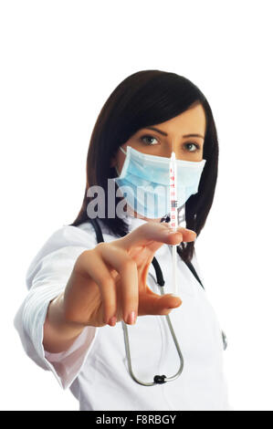 Woman Checking Syringe Isolated On The White Stock Photo Alamy