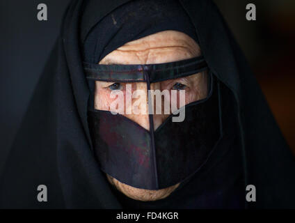 An Old Bandari Woman Wearing A Traditional Mask Called The Burqa Stock Photo Alamy