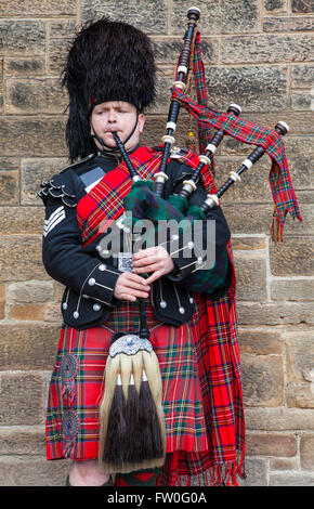 Bagpiper wearing a traditional Scottish costume with a bear skin hat
