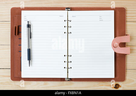 Leather Open Notebook On Old Wooden Background Stock Photo Alamy