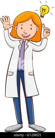 Cartoon female scientist with white lab coat, safety goggles and test