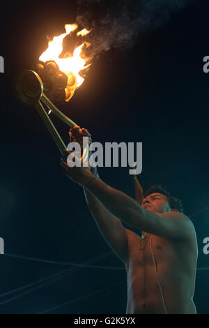 Priest Performing Evening Aarti On Shipra River Ghats Ujjain Kumbh