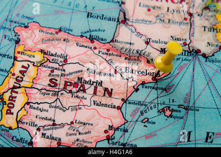 Barcelona, Spain pinned on vintage map of Europe Stock ...