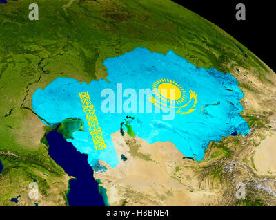 Map Of Kazakhstan With Embedded Flag On Planet Surface 3D Illustration