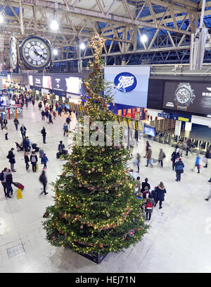 christmas tree at waterloo station and people waiting for christmas tree at waterloo station and people waiting for
