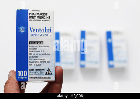 Blue reliever inhaler salbutamol inhaler asthma on a white Blue reliever inhaler salbutamol inhaler asthma on a white