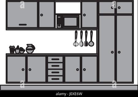 grayscale silhouette of kitchen cabinets with stove and ...