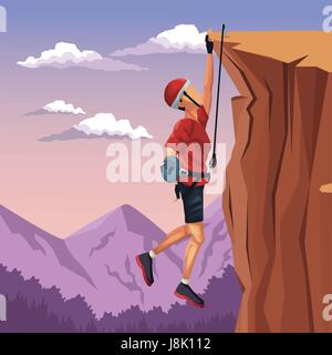 Scene Man Hanging On The Cliff Anchored To The Top Rock Climbing Stock Vector Image Art Alamy