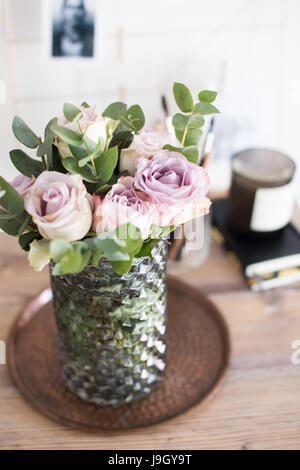 Mauve Fresh Roses In Vase Stock Photo Alamy