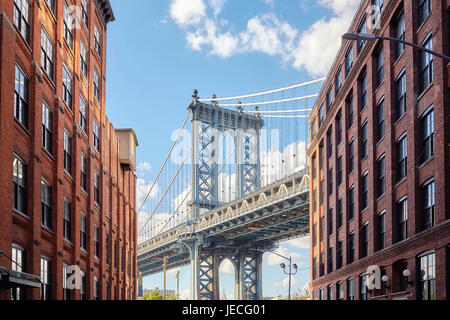 New York City Manhattan Bridge Over Hudson River With Skyline After