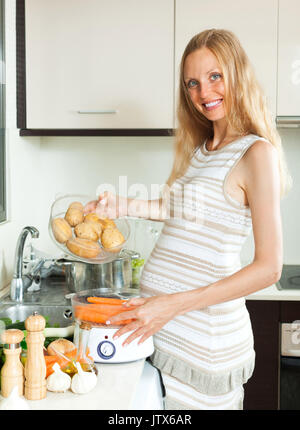 Blonde Woman With Electric Steamer At Home Stock Photo Alamy