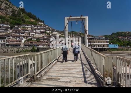 Albania Berat Osumi River Pedestrian Bridge And Ottoman Buildings