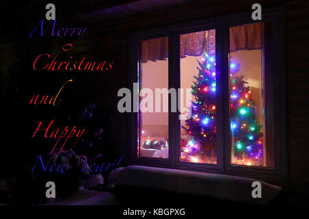 Window With Decorated Glowing Christmas Tree Inside A House And Bright