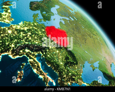 Satellite View Of Poland Highlighted In Red On Planet Earth With Clouds