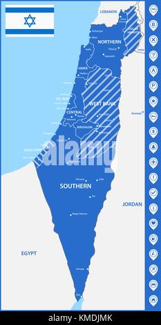 The Detailed Map Of The Israel With Regions Or States And Cities