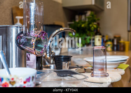 Closeup Used Vegetable Chopper Cookware On Kitchen Table Closeup Used Vegetable Chopper Cookware On Kitchen Table