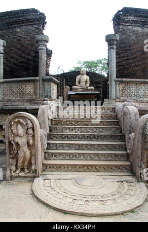 Seated Stone Statue Of Buddha Vatadage Stupa In The Quadrangle